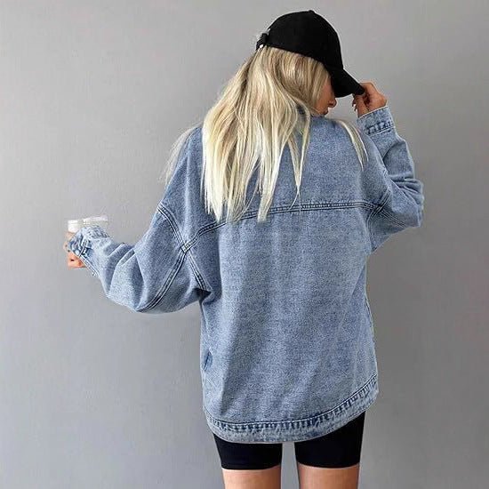 Dam oversize denimjacka med låg Yoke, Straight fåll och Vintage tvätta