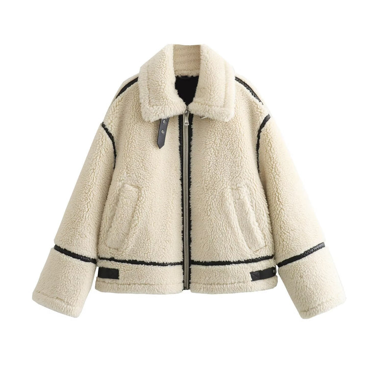 Dam oversize teddy jacka in Aviator stil med konstläder Piping, Stand krage och dragkedja