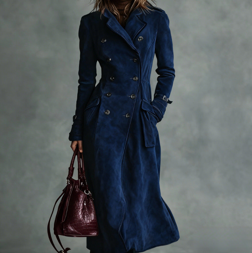 Dam längre skräddad trenchcoat in mocka look med Double-Breasted knappslå och Buckle muddar