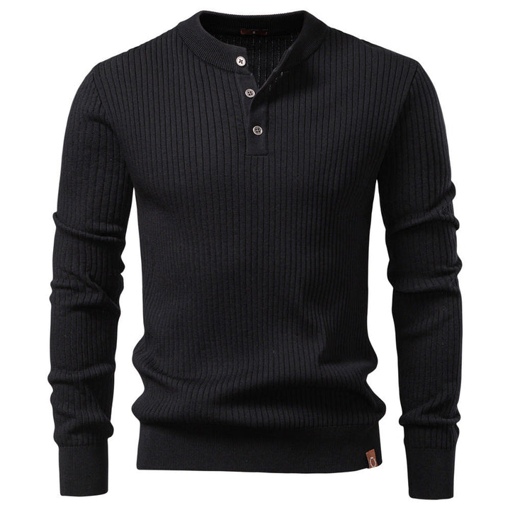 Herr Ribbad Lång-Ärm Henley Pullover med Ståkrage, Fin Rib Stickad och Smal Passform