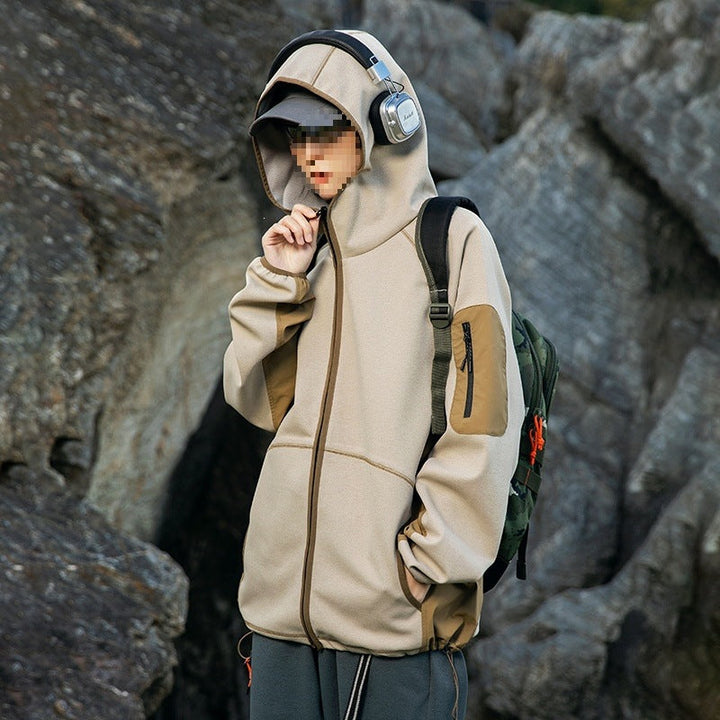 Herr Oversize Frilufts Fleece Jacka med Huva, Ärm Dragkedja Ficka &amp; Dragsko