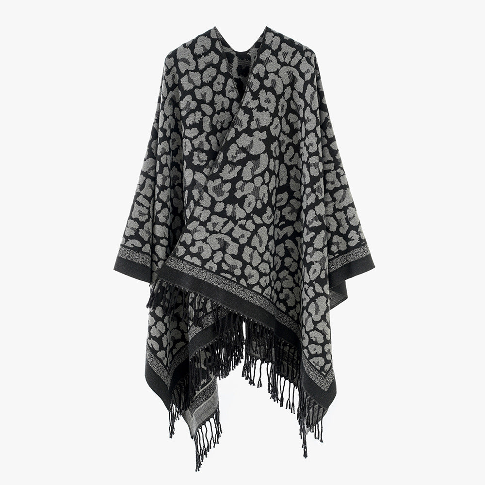 Dam Oversize Cape med Jacquard Leopard mönster, Open Fall och Fringes