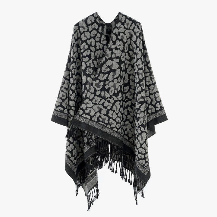 Dam Oversize Cape med Jacquard Leopard mönster, Open Fall och Fringes