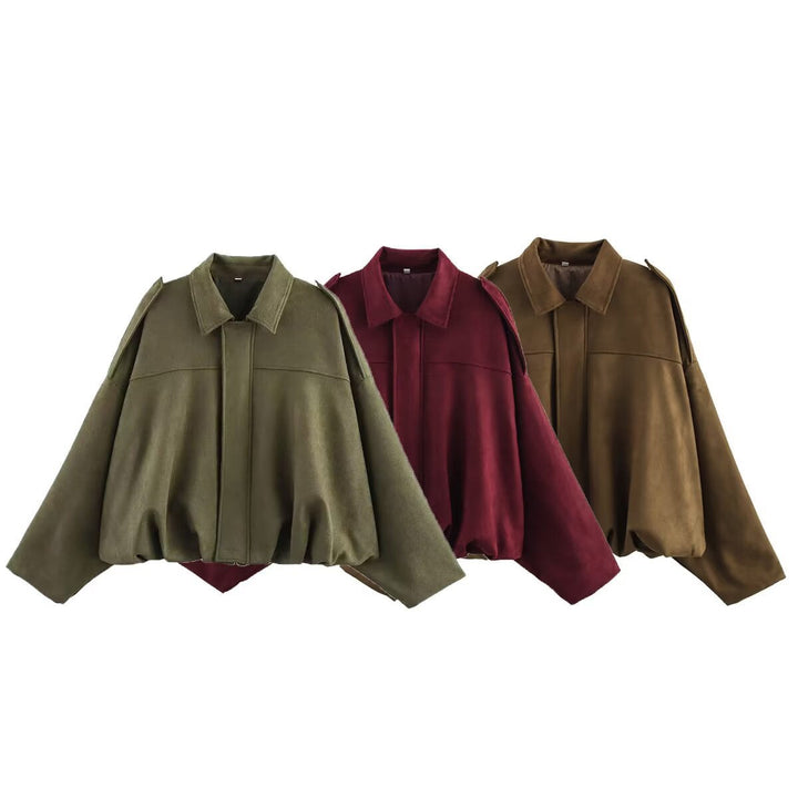 Dam kort skärning oversize mocka jacka med shoulder flaps och elastic fåll