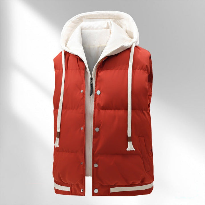 Herr Vadderad med Huva Väst med Integrated Luvtröja Layer, Tryckknappsslå och Sportig Ribbad Fåll