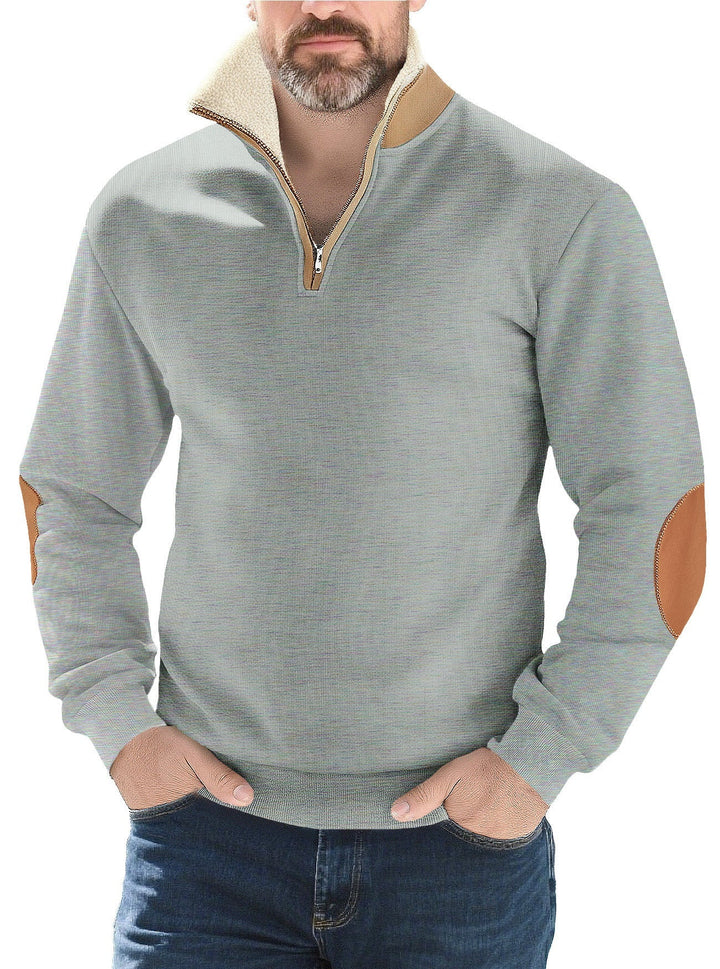 Herr Strukturerad Stickad Halv Dragkedja Pullover med Värmande Sherpa Krage och Velour Elbow Lappar
