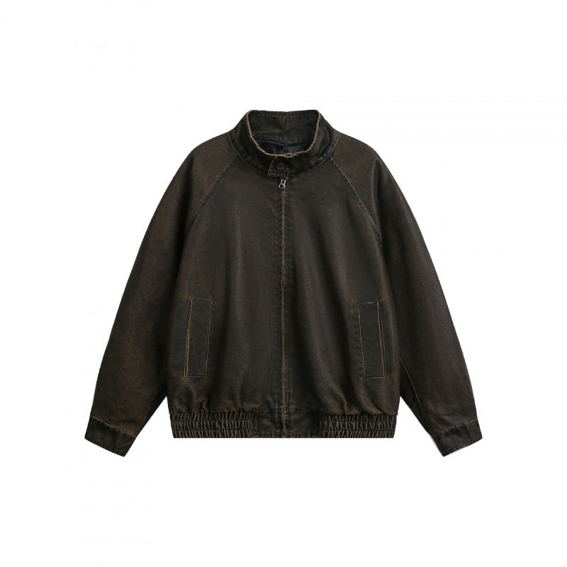 Herr short-cut arbeteer bomberjacka i slitna denim look med ståkrage, dold dragkedja, och elastisk fåll