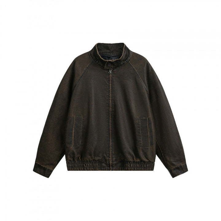 Herr short-cut arbeteer bomberjacka i slitna denim look med ståkrage, dold dragkedja, och elastisk fåll