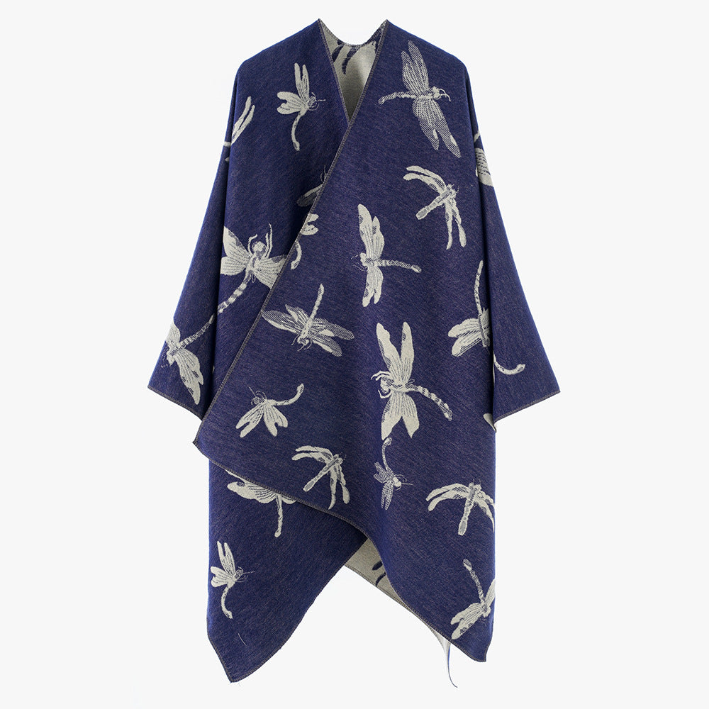 Dam Reversible Jacquard poncho med Dragonfly mönster