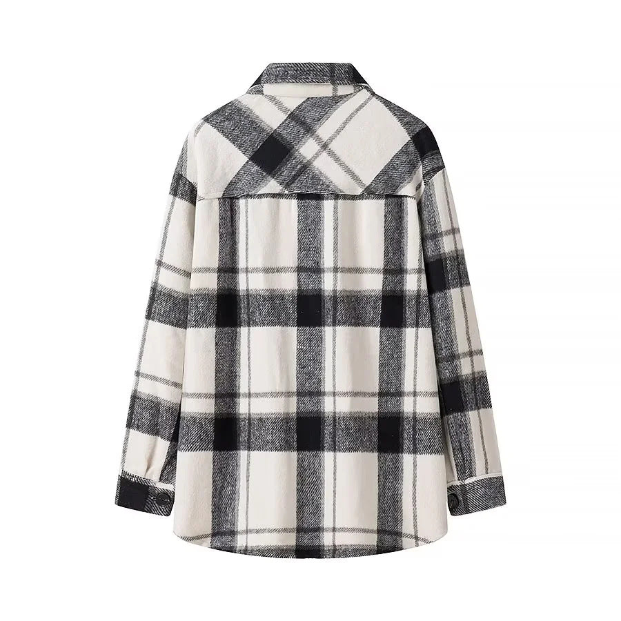 Dam rutig overshirt i shacket stil med patch bröstfickor