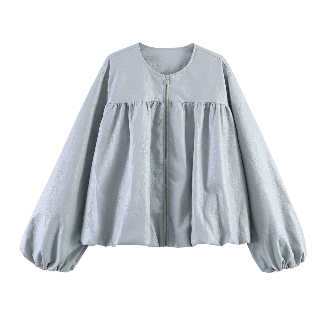 Dam Oversized Konstläder Jacka med Round Neck, Gathered Yoke och Balloon Ärmar