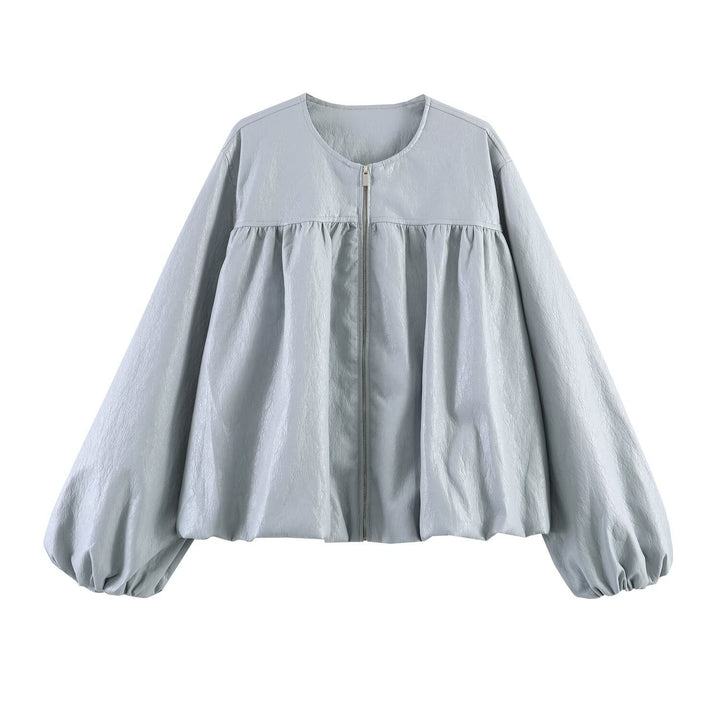 Dam Oversized Konstläder Jacka med Round Neck, Gathered Yoke och Balloon Ärmar