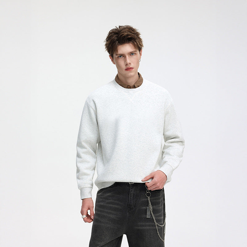 Herr Oversized Waffle Stickad College-Tröja med Round Neck, Extended Back Fåll och Ribbstickade Muddar