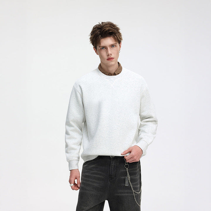 Herr Oversized Waffle Stickad College-Tröja med Round Neck, Extended Back Fåll och Ribbstickade Muddar