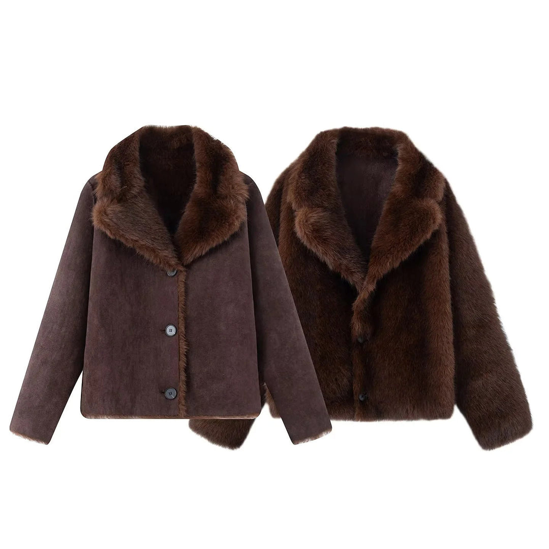 Dam nano kort sheepskin-look jacka med voluminous sjalkrage och concealed knäppning