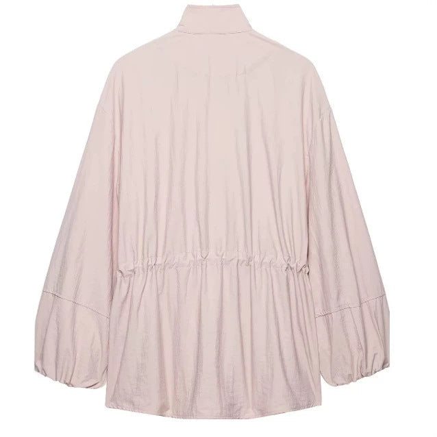 Dam Lätt Oversize Utilityjacka med Drawstring Waist, Stå Krage och Balloon Ärmar