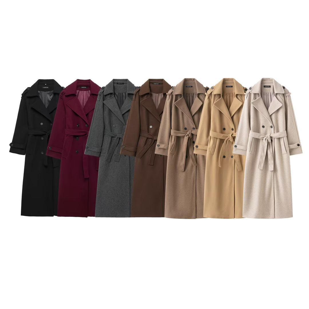Dam 100+ Double-Breasted Maxi Lång Kappa i Trench Stil med Tie Belt