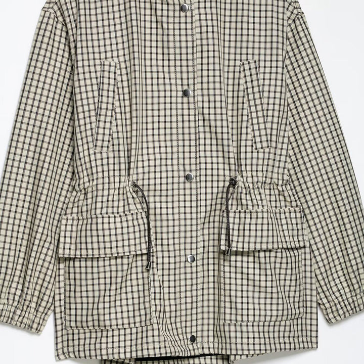 Dam Checked Oversize Parka med Drawstring, Stå Krage och Lock Fickor