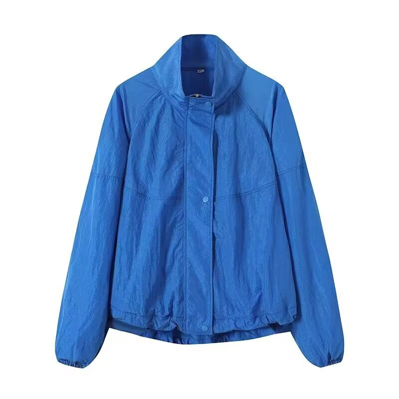 Dam lätt Boxy Windbreaker jacka med ståkrage, dold Snap knappslå, och Elastic fåll