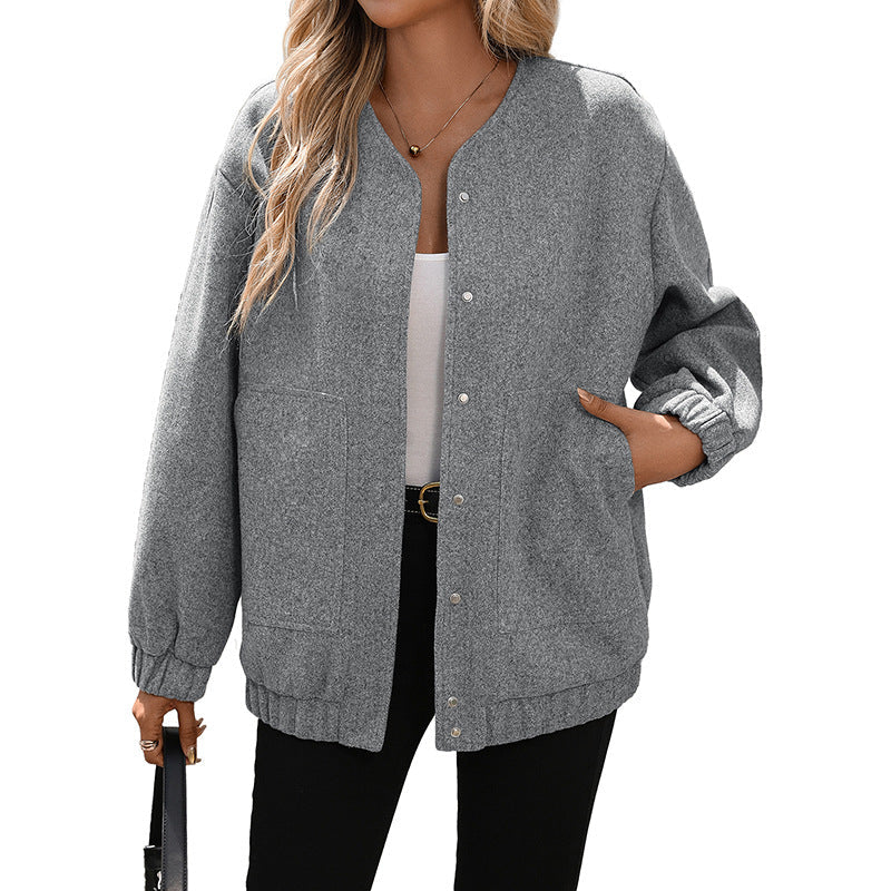 Dam Oversized Ull-Look Blouse Jacka med Tryckknapp Knapp Stängning, Elastiska Muddar &amp; Utanpåfickor