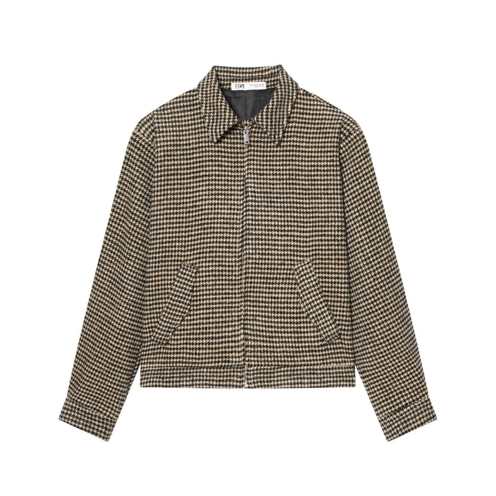 Dam Boxig Kort Jacka Gjord av Ullblandning med Houndstooth Mönster, Dragkedja och Skjortkrage