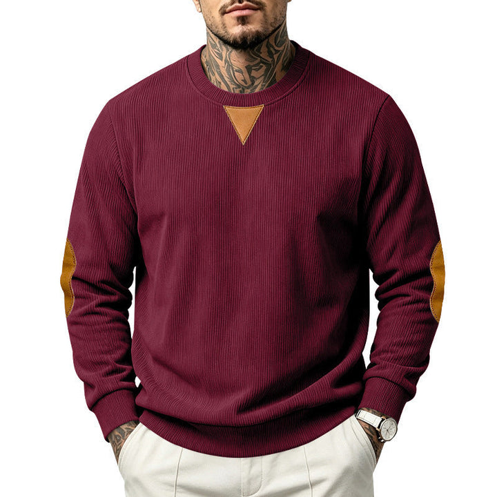 Herr Ribbad College-Tröja med Läder Look Elbow Lappar och Triangle Applique