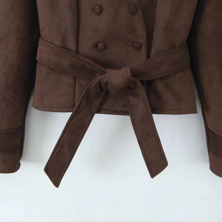 Dam Kort Tailored Velvet Suede Jacka med Tie Belt och Lapel Krage