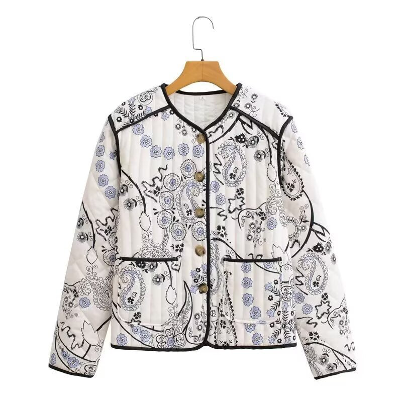 Dam kviltad jacka med paisley tryck, round neck och kontrast piping