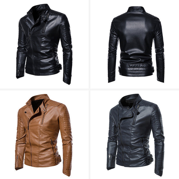 Herr Slim-Fit Biker Jacka Tillverkad av Konstläder med Quiltad Axel och Ärm Yoke