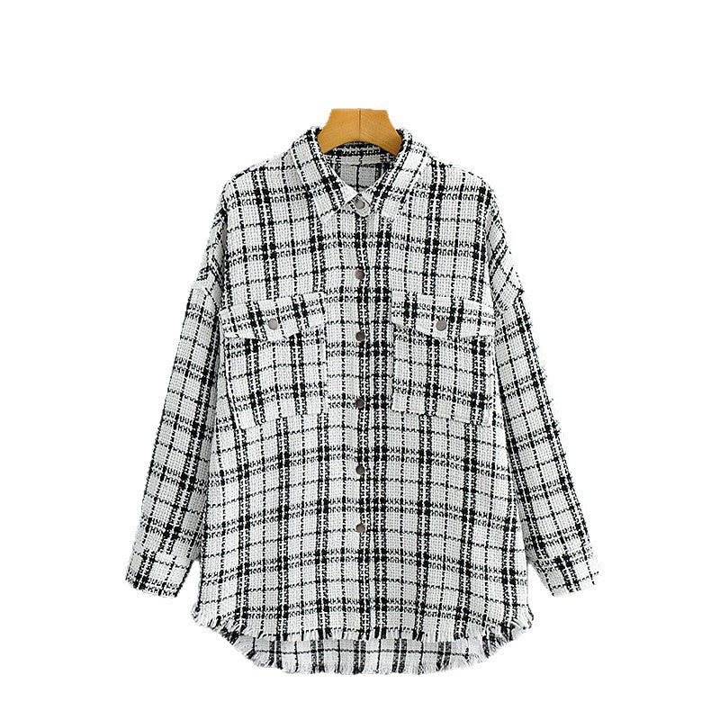 Dam oversize tweed skjortjacka med bröstfickor och Frayed fåll