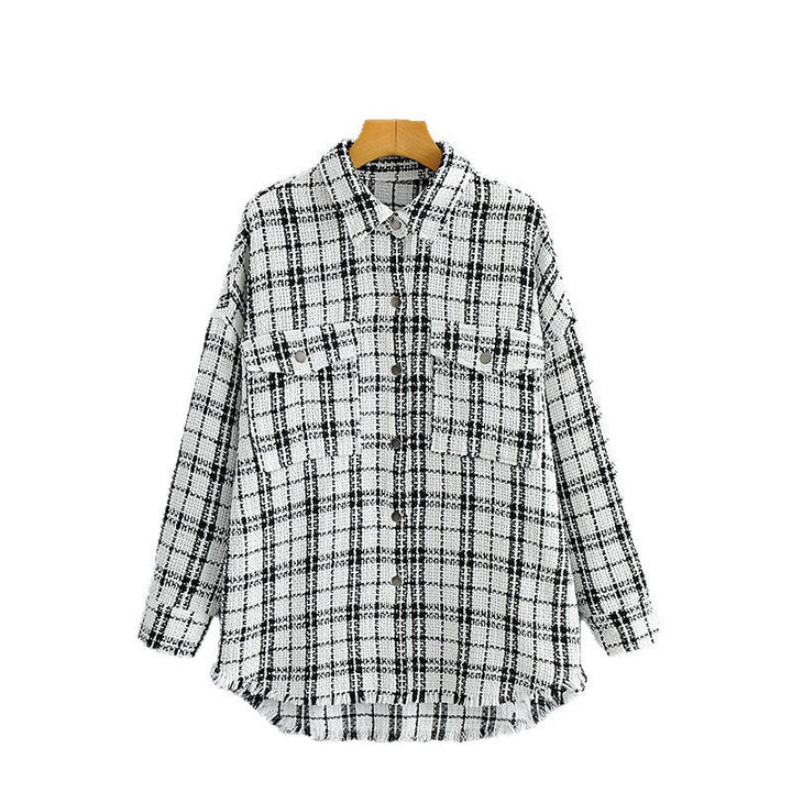 Dam oversize tweed skjortjacka med bröstfickor och Frayed fåll