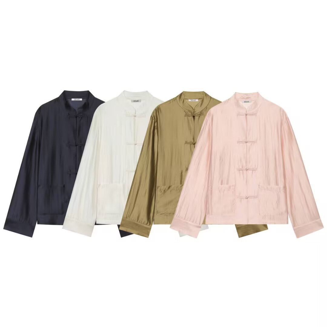 Dam Mandarin Krage Jacka med Chinese Knot Fastenings och Patch Fickor