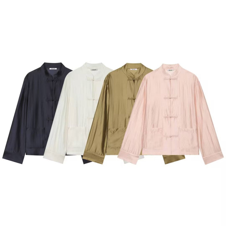 Dam Mandarin Krage Jacka med Chinese Knot Fastenings och Patch Fickor