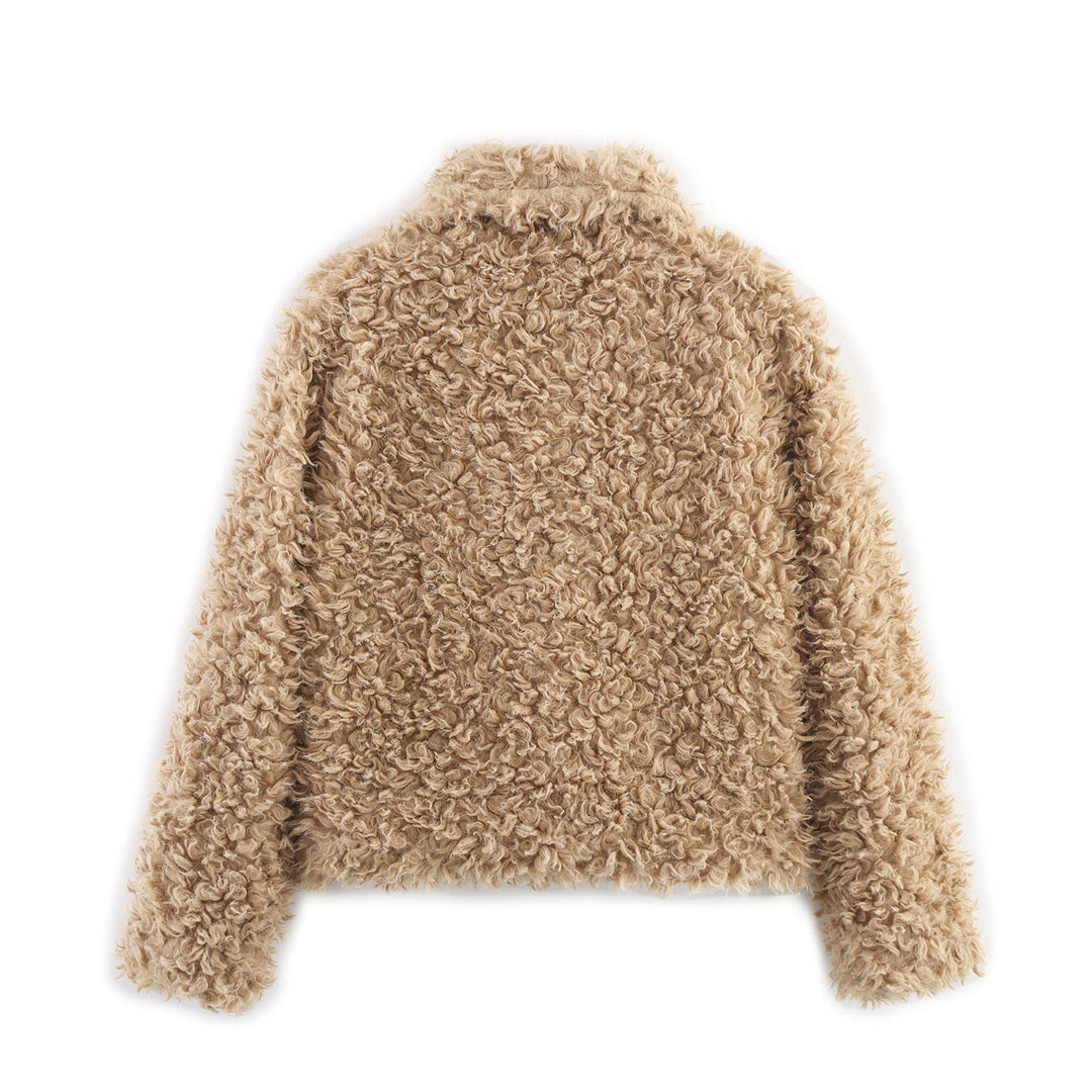 Dam kort boucle teddy jacka med curly woven texture, skjortkrage, och button closure