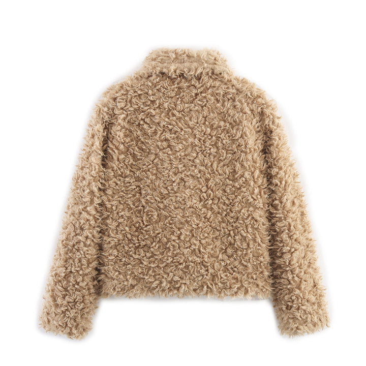 Dam kort boucle teddy jacka med curly woven texture, skjortkrage, och button closure