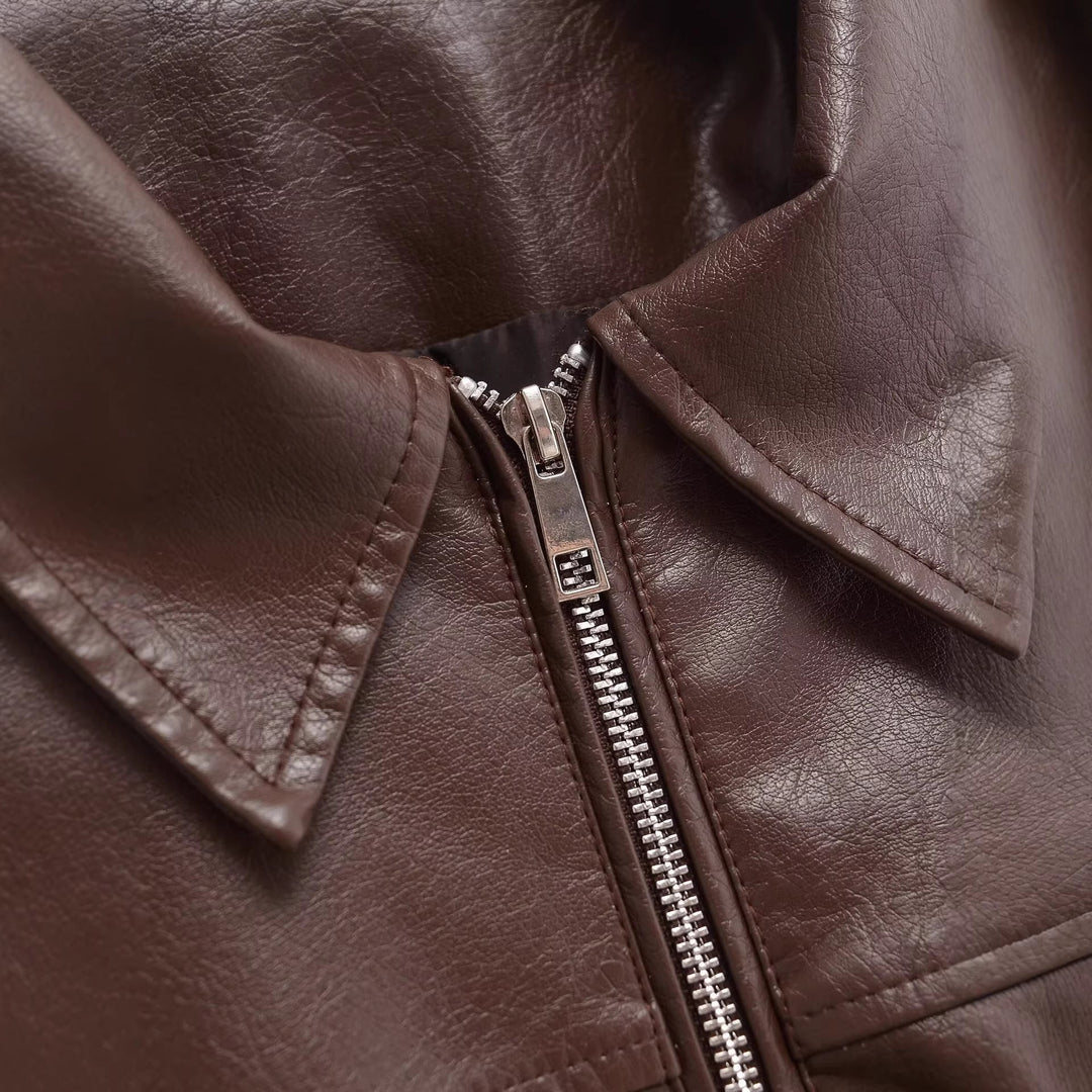 Dam oversize konstläder jacka med skjortkrage, hel Zip och Elastic fåll