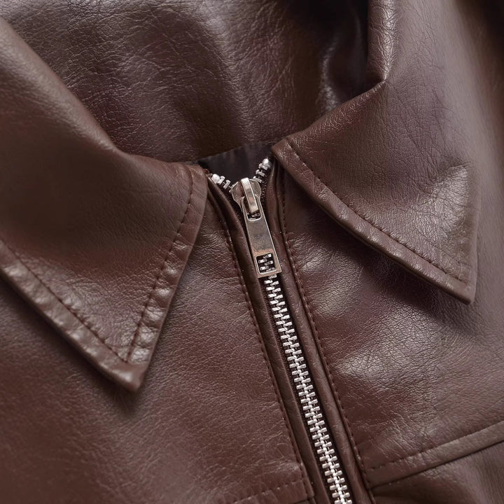 Dam oversize konstläder jacka med skjortkrage, hel Zip och Elastic fåll