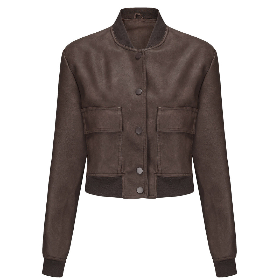 Dam kort crop konstläderjacka i blouson stil med snap front och flap fickor