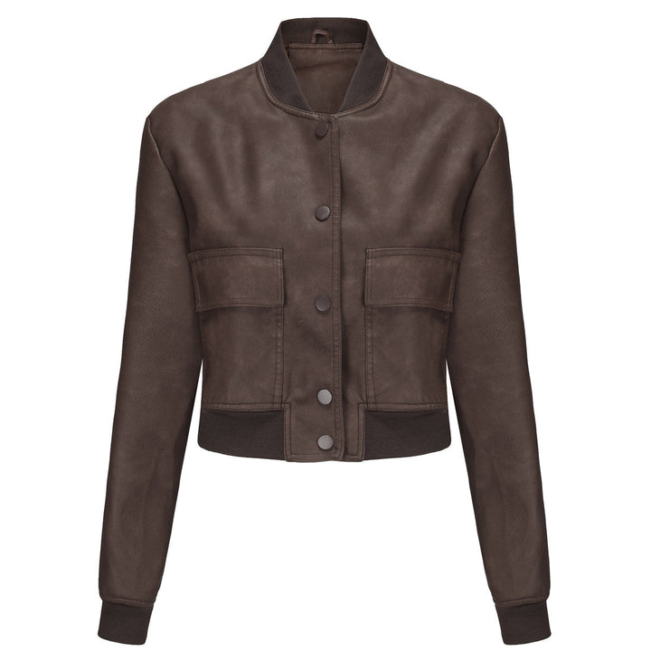 Dam kort crop konstläderjacka i blouson stil med snap front och flap fickor