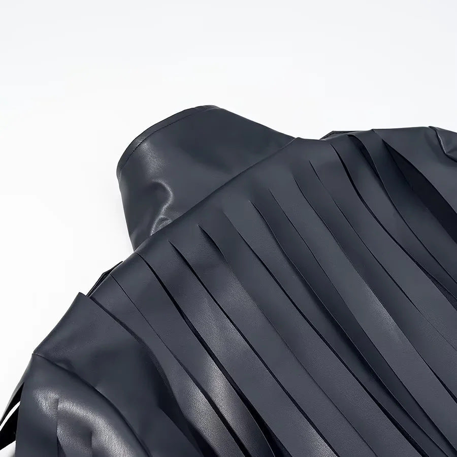 Dam konstläder blouse jacka med randig fringes, ståkrage och midjebälte