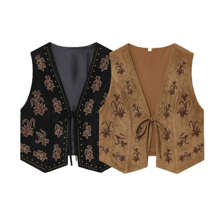 Dam Embroidered Suede Look Väst med Tie och V-Neck