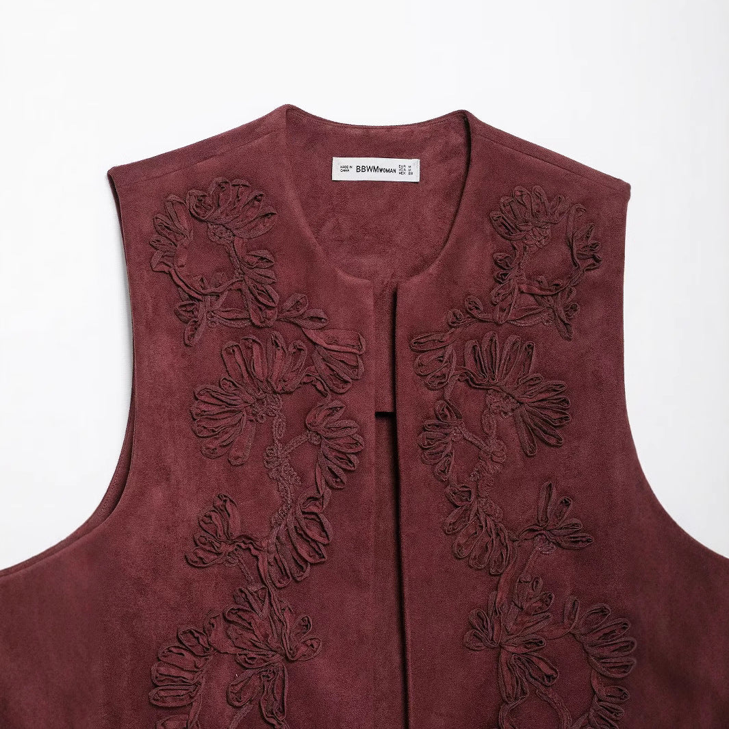 Dam Sleeveless Suede-Look Väst med Blommig Appliqué