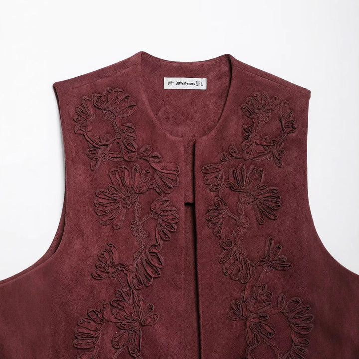 Dam Sleeveless Suede-Look Väst med Blommig Appliqué