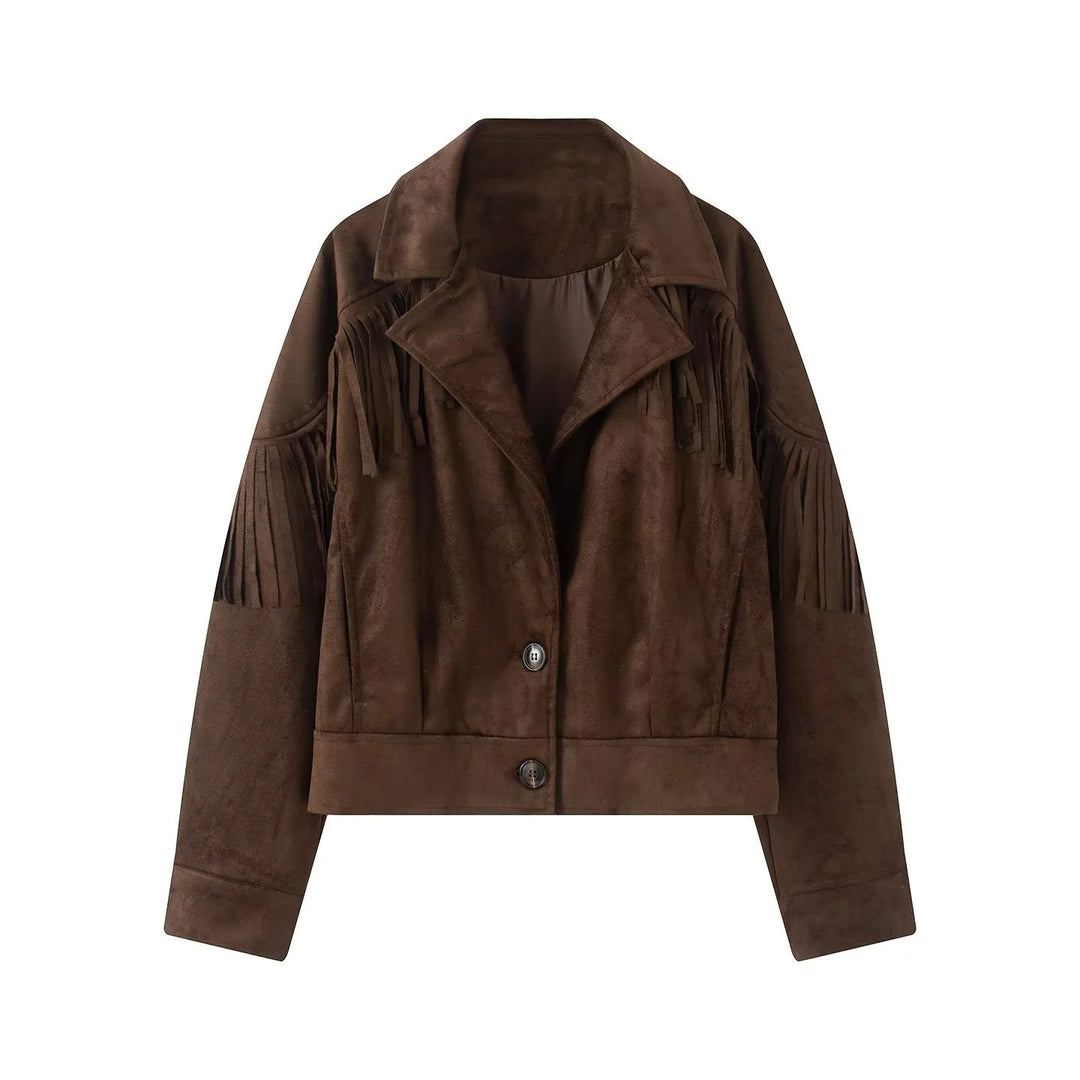 Dam kort mockalook fringe jacka med lapel krage och concealed knäppning