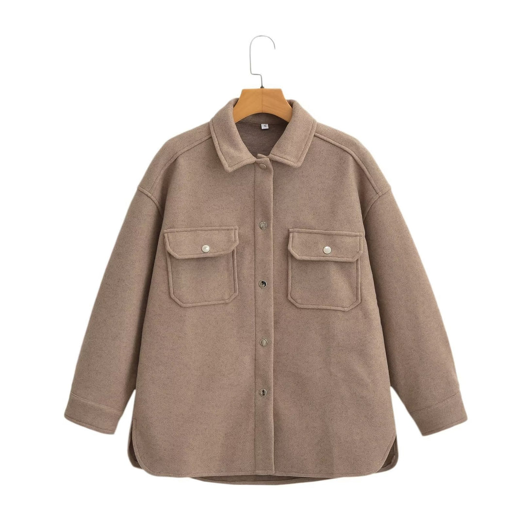 Dam oversize ullblandning Shacket med Snap knapp fram och utanpåfickor