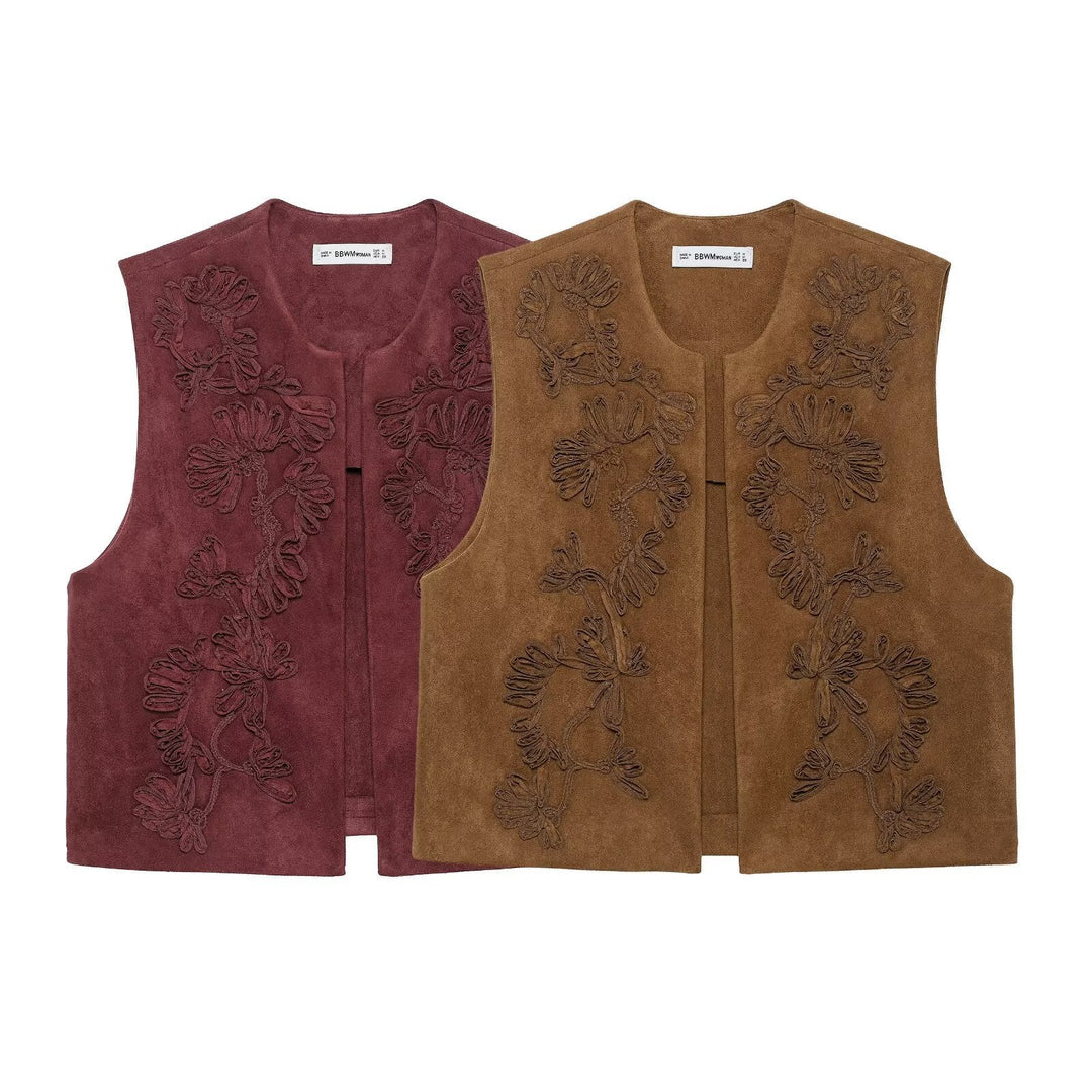Dam Sleeveless Suede-Look Väst med Blommig Appliqué
