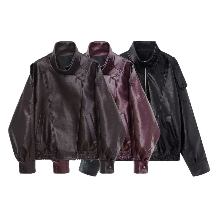 Dam Oversized Konstläder Biker Jacka med Asymmetric Lapel, Ståkrage, och Midjedragsko