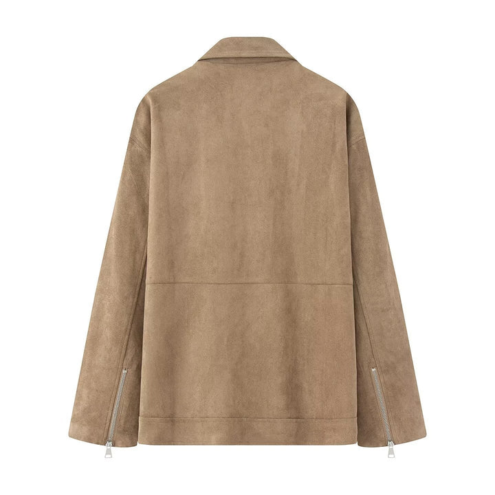 Dam lång oversized bikerjacka i velour look med diagonal dragkedja och multiple fickor