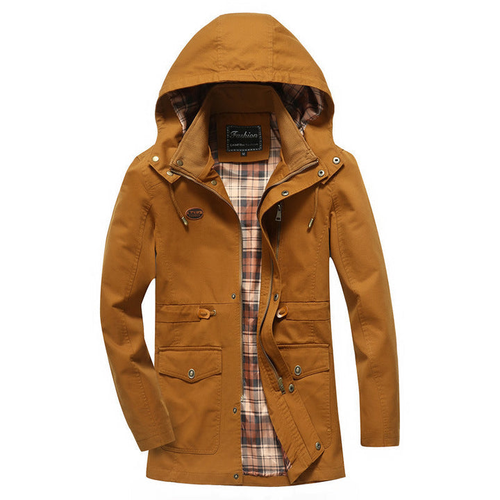 Herr Canvas Parka med Huva, Checkered Fodrad Interior och Utility Fickor
