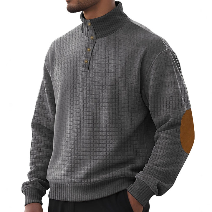 Herr Plaid Quiltad College-Tröja med Henley Slå, Hög Ståkrage, och Velour Elbow Lappar